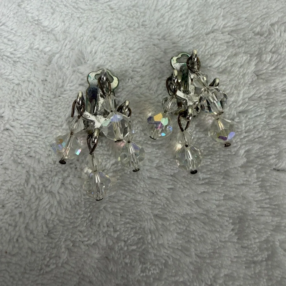 Vintage Aurora Borealis AB Crystal Chandelier Clip On Earrings Silver Tone Drop